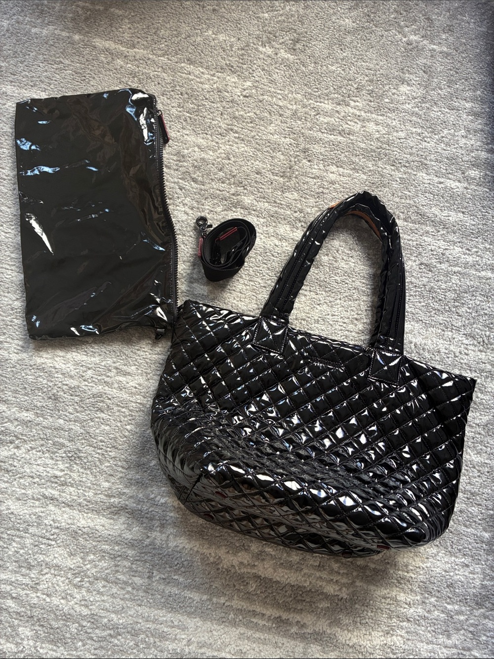 MZ Wallace Metro Deluxe Medium Tote. Shiny Black